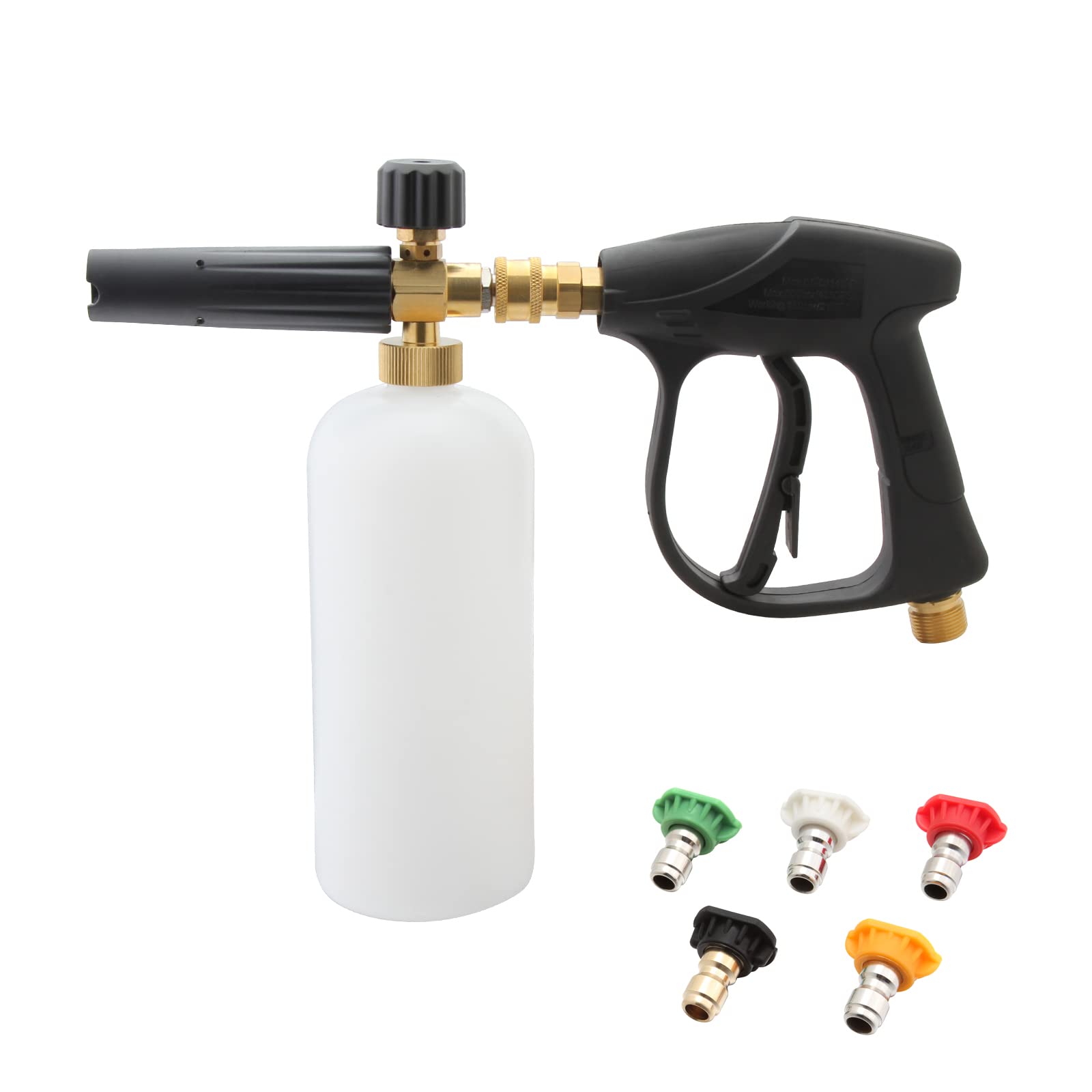 Twilight Garage Pressure Washer Snow Foam Cannon Lance Gun, 1L Adjustable 1/4" Quick Release Foam Cannon Bottle Soap Dispenser with 5 Color Nozzles for Car Wash, Courtyard Cleaning