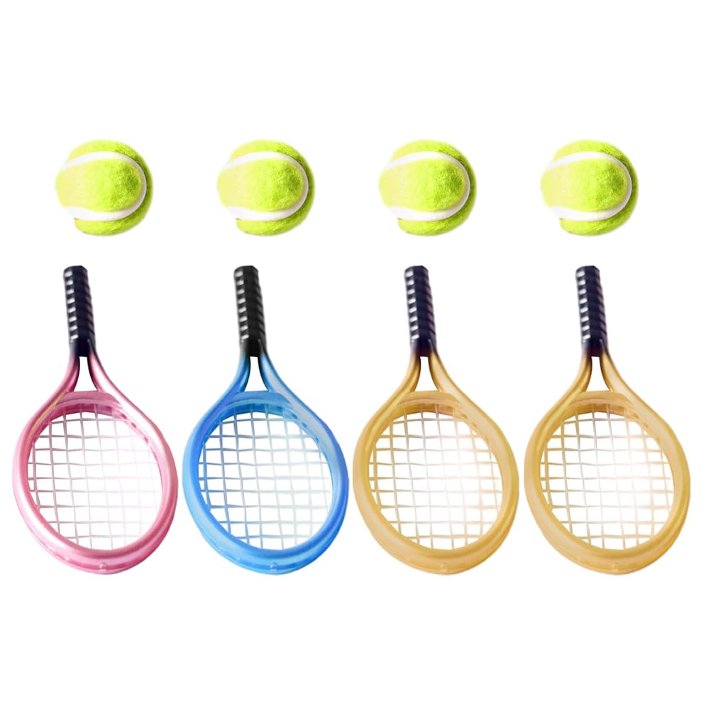 ifundom Mini Tennis Racket and Ball Set 4 Pieces Miniature Sports Decor for Dollhouses Photography Props and Party Accessories