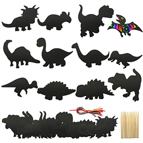 Odowalker Scratch Art Paper of Rainbow Dinosaur Scratchboard Craft Kits with Wooden Styluses for DIY Kits & Decorations Boys Girls Classroom Craft Party Game Supplies (Dinosaur)