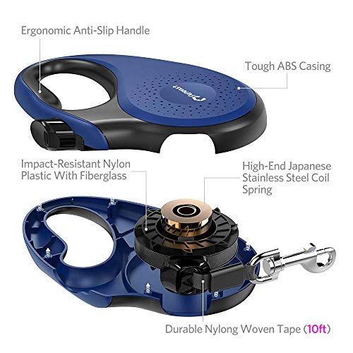 Peteast Retractable Dog Leash Small Breed, Patented Dog Leash for Small Dog, Leash Up to 26lbs, 10ft, Portable Design with One Button Brake/ Lock, Comfortable Hand Grip,Blue