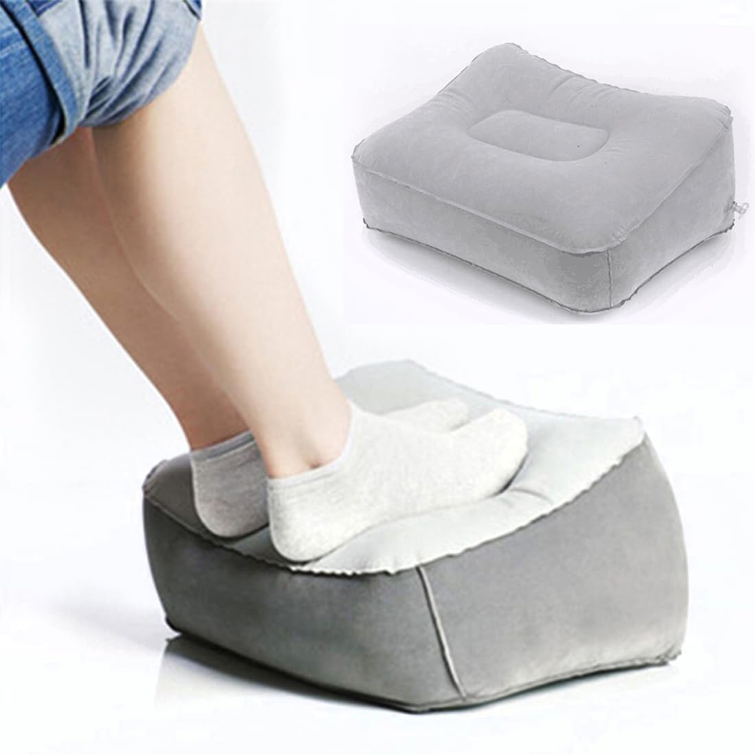 Photo 1 of Inflatable Travel Foot Rest Pillow, Head Pad, Soft Flocking Pillow, Flights Relax Cushion Ottomans Leg Up with Air Pump for Office, Home Relax, Camping and Travel Use (Gray) 1PCS