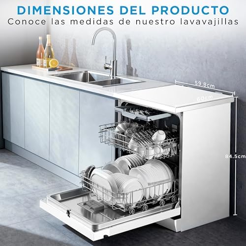 Lavavajillas 60 cm+++ Blanco para 14 servicios - Lavaplatos libre instalación - Compacto con 10 Programas de Lavado integrable - Filtro Antibacterias y Programación Horaria Nuevo Modelo