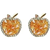 Cute Apple Stud Earrings Fruit Crystal Cubic Zirconia Orange Statement Earring Sweet Cartilage Small Studs Posts S925 Sterling Silver Fashion Jewelry for Women Christmas Eve Xmas Graduation Gifts