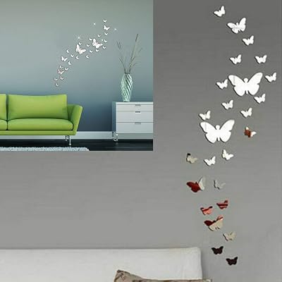SwirlColor Butterfly Mirror Wall Stickers 36pcs Acrylic 3D Silver