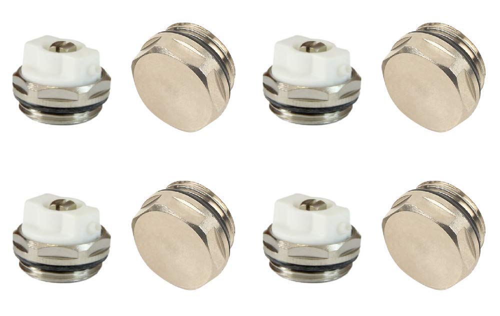 x4 Air Bleeder & Blank Cap Set Manual Radiator AIR Vent Bleed Plug Valve Kit 1/2" BSP