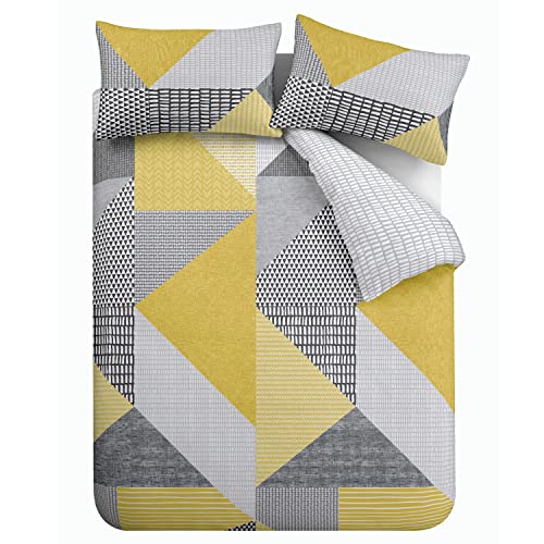 Catherine Lansfield Larsson Geo Reversible Double Duvet Cover Set with Pillowcases, Ochre, Single