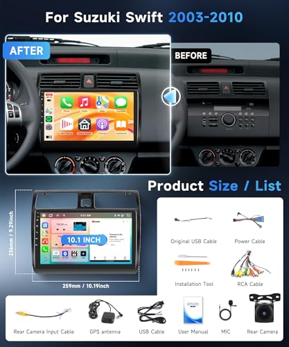 6G+128G 8 Cores Android Car Radio for Suzuki Swift 2003-2010 10.1 Inch Car Radio with Carplay Wireless Android Auto Mirror Link Bluetooth FM/RDS/EQ/DSP WiFi GPS Steering Wheel Controls Backup Camera