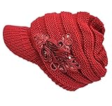 Women's Cable Knit Visor Hat with Flower Accent Red Color