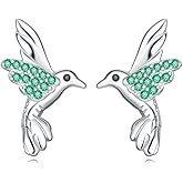 Rofeego 925 Sterling Silver Little Flying Hummingbird Stud Earrings, Green CZ Wings,Adorable Nature-Inspired Bird-Themed Jewelry Gift