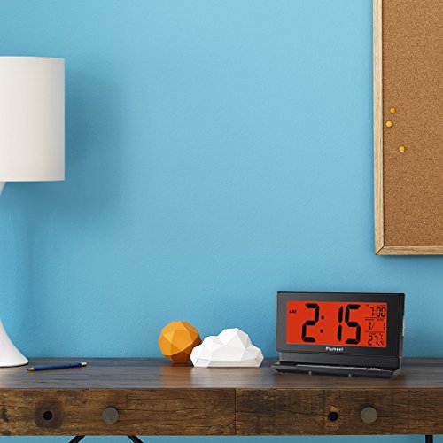Plumeet Digital Alarm Clock with Auto-Night Light & Temperature, Snooze, Large LCD Numbers, Simple Setting, Battery Operated Only (Black)