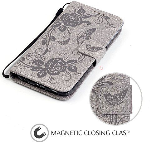 S6 Phone Wallet, Galaxy S6 Case, JanCalm [Wrist Strap] Premium PU Leather [Multi Card/Cash Slots] [Kickstand Feature] Magnetic Flip Folio Cover + Crystal Pen (Butterfly - Grey) - Thumbnail 3