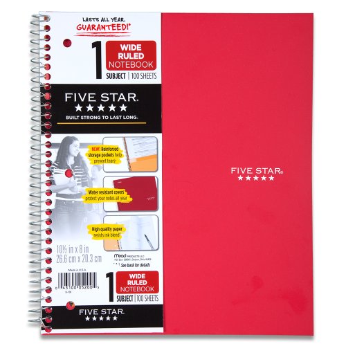 Five Star Spiral Notebook, 1 Subject, Wide Ruled Paper, 100 Sheets, 10-1/2" x 8", Red (72017)