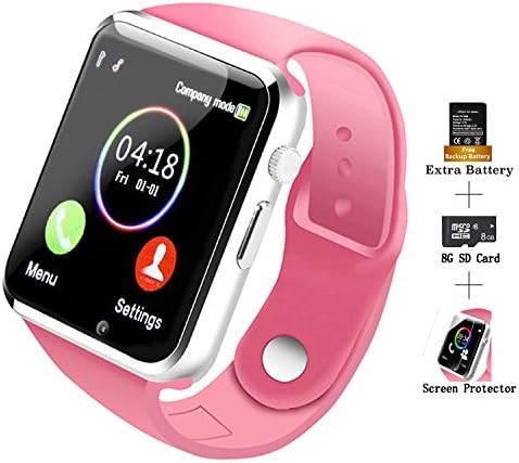 COSROLE Bluetooth Smart Watch, A1 Touch Screen Smart Wrist Watch with 8GB SD Card & Two Batteries & Screen Protector for Samsung Xiaomi Huawei Sony HTC LG Android Smartphones - Pink