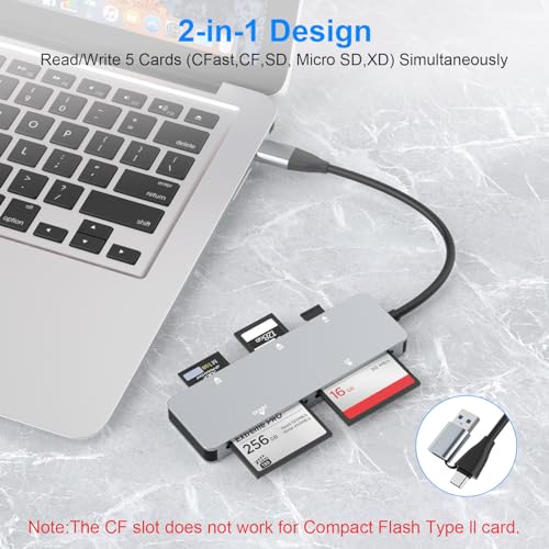 Yeemie CFast Card Reader, USB 3.0 USB C CFast 2.0 Card Reader,5Gbps Aluminum High Speed CFast Memory Card Adapter for CFast/CF/SD/TF/XD, Simultaneous Reading of 5 Cards