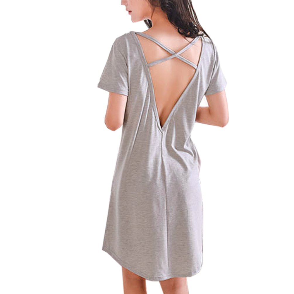 ENJOYNIGHT Women\'s Sleepshirt V-Neck Nightgown Short Sleeve Sleep Dress with Pocket (Large, V Back Light Gray)