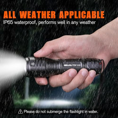 GEARLITE LED Torch Extremely Bright Pack of 2, Aluminium 4000 Lumen LED Torch Battery Operated with 5 Modes, IP65 Waterproof Handheld Lamp Zoomable for Camping, Hiking, Outdoor, Emergency, Gift