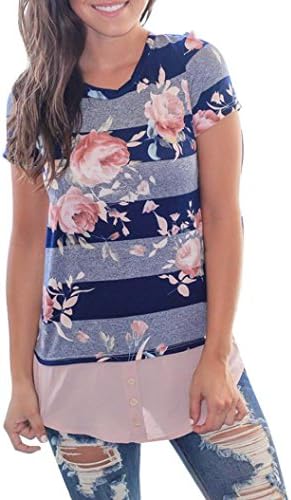 YelloW Short Sleeve Tops for Women Round Neck Floral Splice T-Shirt Casual Blouse (M, Navy)