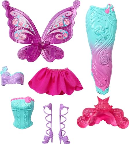 Barbie Doll with 3 Fantasy Outfits & Accessories, Including Mermaid Tail & Fairy Wings, Candy Theme (Amazon Exclusive)