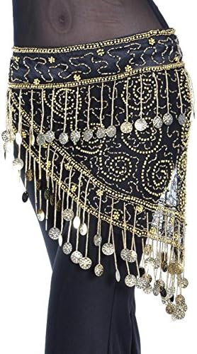 women's belly dance hip scarf scarves wrap triangular 150 gold coin tulle dangling sequins waist chain belt