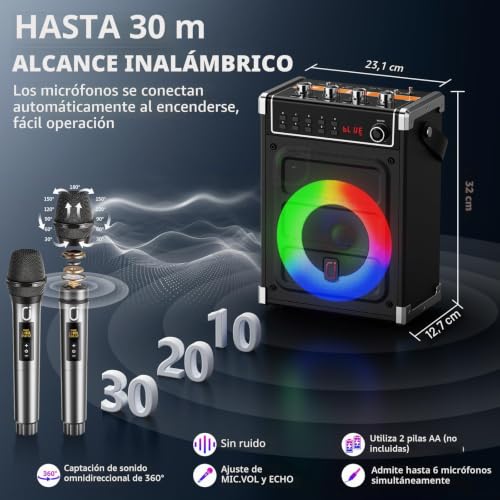JYX Karaoke Machine with Two Wireless Microphones, Bass/Treble Adjustment and LED Light, TWS Support, AUX Input, FM Radio, REC, Party/Meeting/Wedding Supply - Black