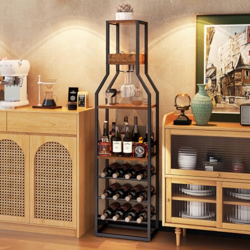 IBUYKE Wine Rack Floor,Bar Industrial Wine Bar,Brown TMJ916H | Wine Rack with Cup Holder Wine Rack for Living Room Kitchen Dining Room