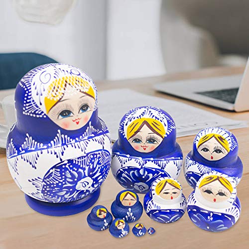 POPLAY 10 pcs. Beautiful Wooden Russian Nesting Doll Blue/Handmade Painted Gifts