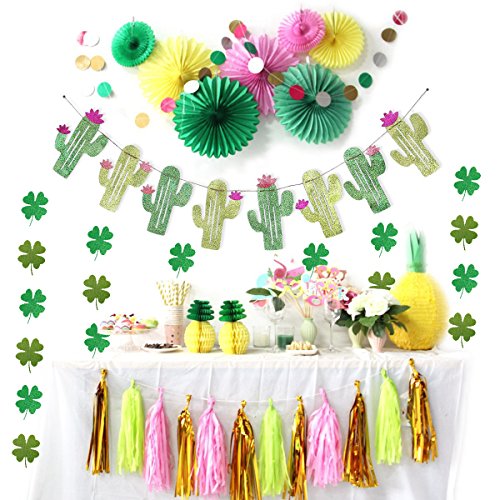 Muhuyi Summer Theme Wedding Parties Decorations Supplies Cactus Banner Pennant and 4 Leaf Clover Tropical Party Birthday Party Festival Luau Hawaii Children's Party Decoration or Room Decoration