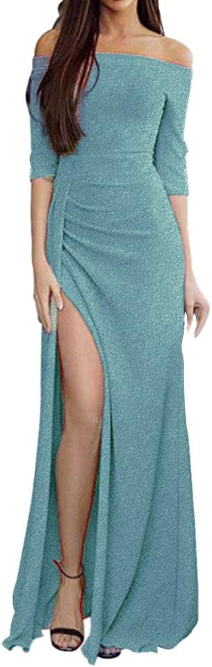 LEXUPE Women Comfortable Sexy Dresses Casual Fashion Summer Skirts Ladies Off Shoulder Dresses High Split Maxi Long Evening Dresses(Green, M)