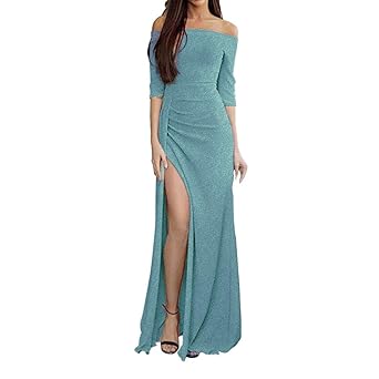 Zegeey Damen Schulterfreies Kleid als Abendkleid Paket-Hüfte-Kleid Partykleid Ballkleid Maxikleid elegant glänzend und hoch g