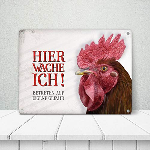 Metallschild mit Hahn Motiv und Spruch: Betreten auf eigene Gefahr - Hier wache ich! – Bild 4