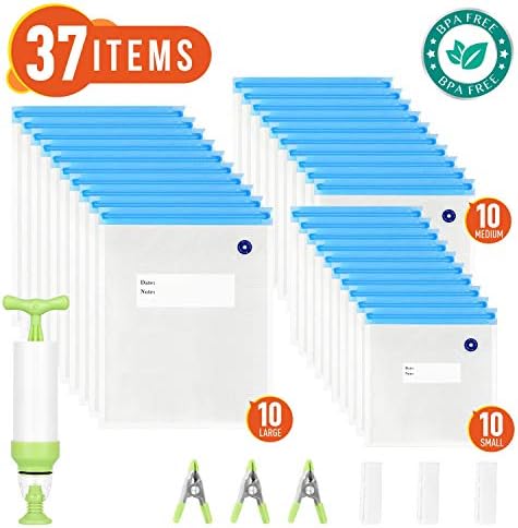 Sous Vide Bags 30 Reusable Vacuum Seal bags BPA Free for Anova and Joule,Wancle,Instant Cookers-10 Large bags,10 Medium bags,10 Small Sous vide bags,1 Hand Pump, 3 Sealing Clips and 3 Sous Vide Clips, Practical for Long-time Sous Vide Cooking & Food Storage freezing