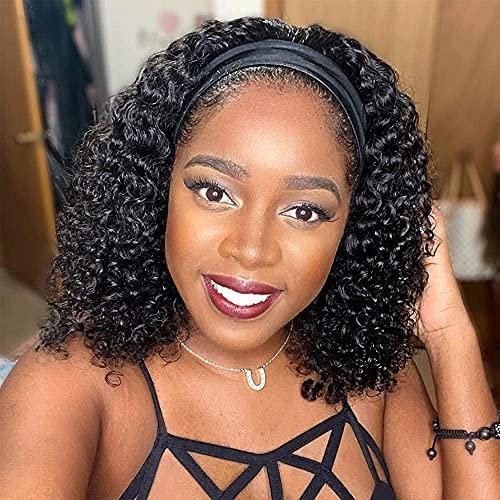 TNICE Women's Brazilian Curly Headband Wig No Lace Front Headband Wigs Human Hair Wigs for Women Black Natural Color 150% Density (12 Inches)