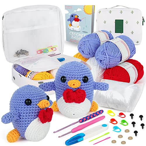 Coopay Beginners Crochet Kit for 2 Penguin, Start Crochet Animals Kit with Instructions, Crochet Set for Beginners Adults and Kids, Crochet Starter Pack with Case Full Knitting Crochet Accessories