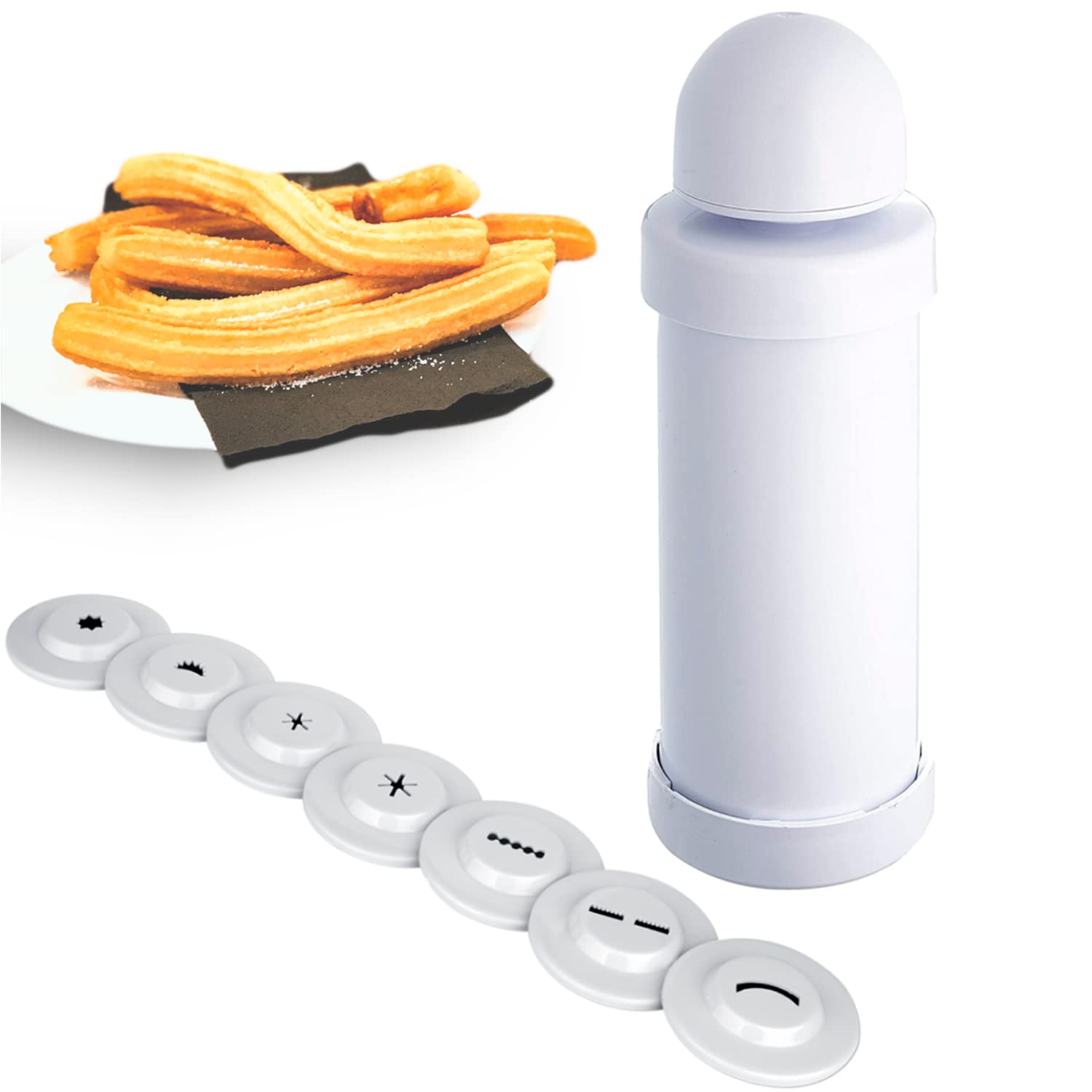 TIENDA EURASIA - Churrera with 8 nozzles with different shapes, churreras for churros, cake bag with nozzles for different decorations, Churros machine diameter 6.7 x 21 cm