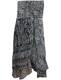 Womens Vintage Long Skirts Silk Sari Black Printed Bohemian Beach Sundress
