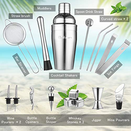 Cocktail Shaker Set/Bartender Kit, Baban 17 Pcs Stainless Steel Bar Tool Sets with 18oz Cocktail Shaker/Whiskey Stones/Fine Mesh Sieve Strainer/Straws, Professional Bar Accessories with Cocktail Book