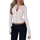 GCZREN Women Button Down Long Sleeve Ribbed Knit Cropped Cardigans Y2k Solid Crew Neck Slim Fit Crop Cardigan Sweater