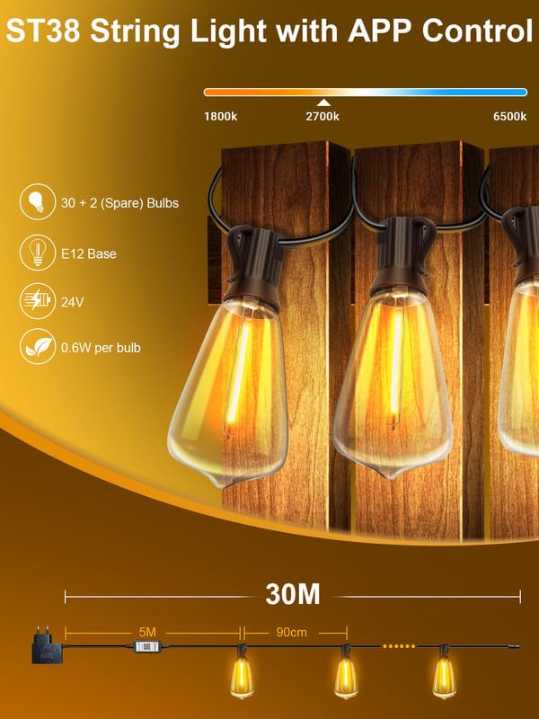 DREAMLAND 100FT Smart LED Outdoor String Lights, Remote Control Waterproof Patio Lights with Shatterproof ST38 Bulbs, Dimmable Outside Hanging Light for, Backyard, Garden, Porch, Bristo