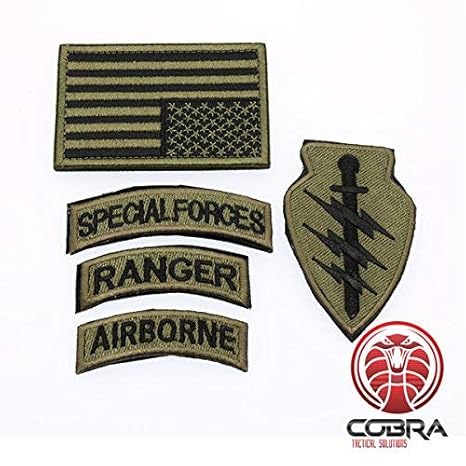 Cobra Tactical Solutions Military Patch Set Special Forces Ranger Airborn mit Flagge USA Bronze und Klettverschluss