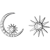 Reffeer Solid 925 Sterling Silver CZ Moon Star Earrings Stud for Women Teens Moon Sun Studs Earrings Asymmetric