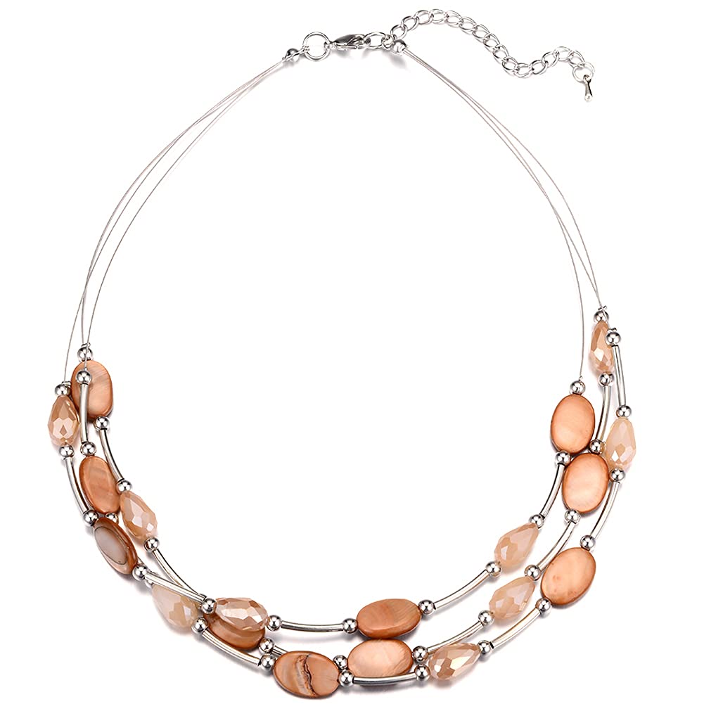 BULINLIN Crystal Layered Statement Necklace for Women, Shell Choker Necklace with Chunky Silver Metal Fashion Jewelry Gifts for Her（Brown）