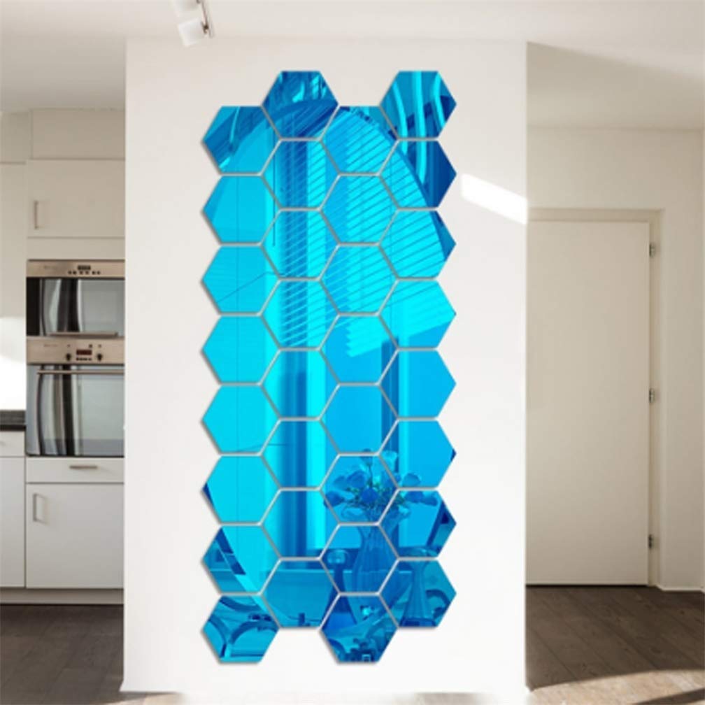 Hexagon Mirror Wall Stickers, 12PCS Mirror Art DIY Home Decorative 3D Hexagonal Acrylic Mirror Wall Sheet Plastic Mirror Tiles for Home Living Room Bedroom Sofa TV Setting Wall Decoration (Blue)