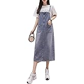 COWOKA Women's Denim Strap Dress Large Size Loose Casual Solid Color Mid-Length Skirt