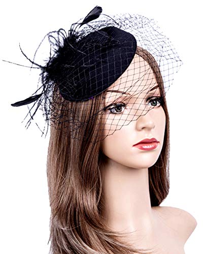 Fascinators Hats 20s 50s Hat Pillbox Hat Cocktail Tea Party Headwear with Veil for Girls and Women (1-B1-Black)