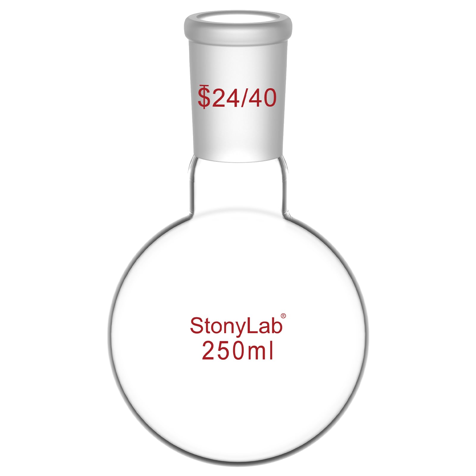 StonyLab Glass 250ml Short Neck Round Bottom Flask, Borosilicate Glass Single Neck Heavy Wall Flask RBF with 24/40 Standard Taper Outer Joint, 250ml