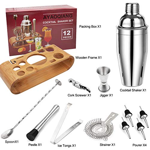 Cocktail Set, Edelstahl Cocktail Shaker Bar Set, 12 Stück Cocktailmixer Set mit Holzständer, Messbecher und Bar Löffel, 750ml Shaker Cocktail Set für Zuhause oder die Bar – Bild 3