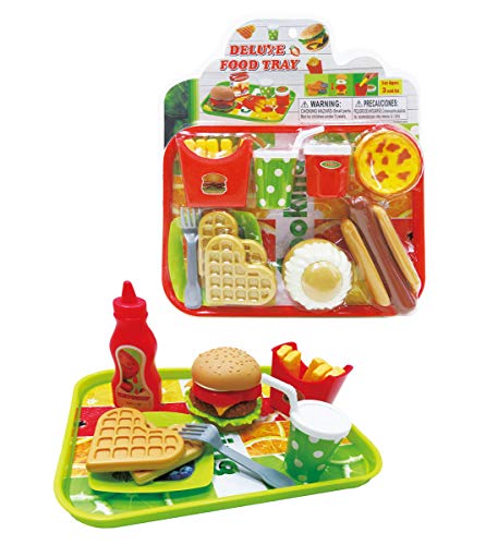 Mozlly Deluxe Diner Lunch Tray Playset, Fake Plastic Utensils Love Waffles French Fries Soda & More Fast Food Kitchen Accessories for Kids Toddlers - Restaurant Role Play Toys (Styles May Vary)