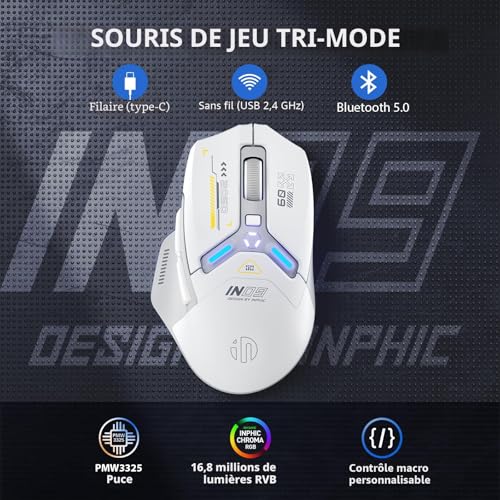 inphic IN9 Wireless/Bluetooth/Wired Gamer Mouse, 10000 DPI, 6 Programmable Buttons, Tri-Mode Ergonomic Rechargeable Gaming Mouse with RGB Lighting Customizable for Computer/PC
