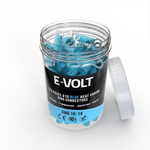 120 PC #10 Blue Heat Shrink Ring Crimp Connectors: 16-14 Gauge Bulk Electrical Terminals - Insulated 16 14 AWG Automotive, Marine, Audio, and Industrial Grade. Hot Melt Adhesive Eyelet Splice Jar