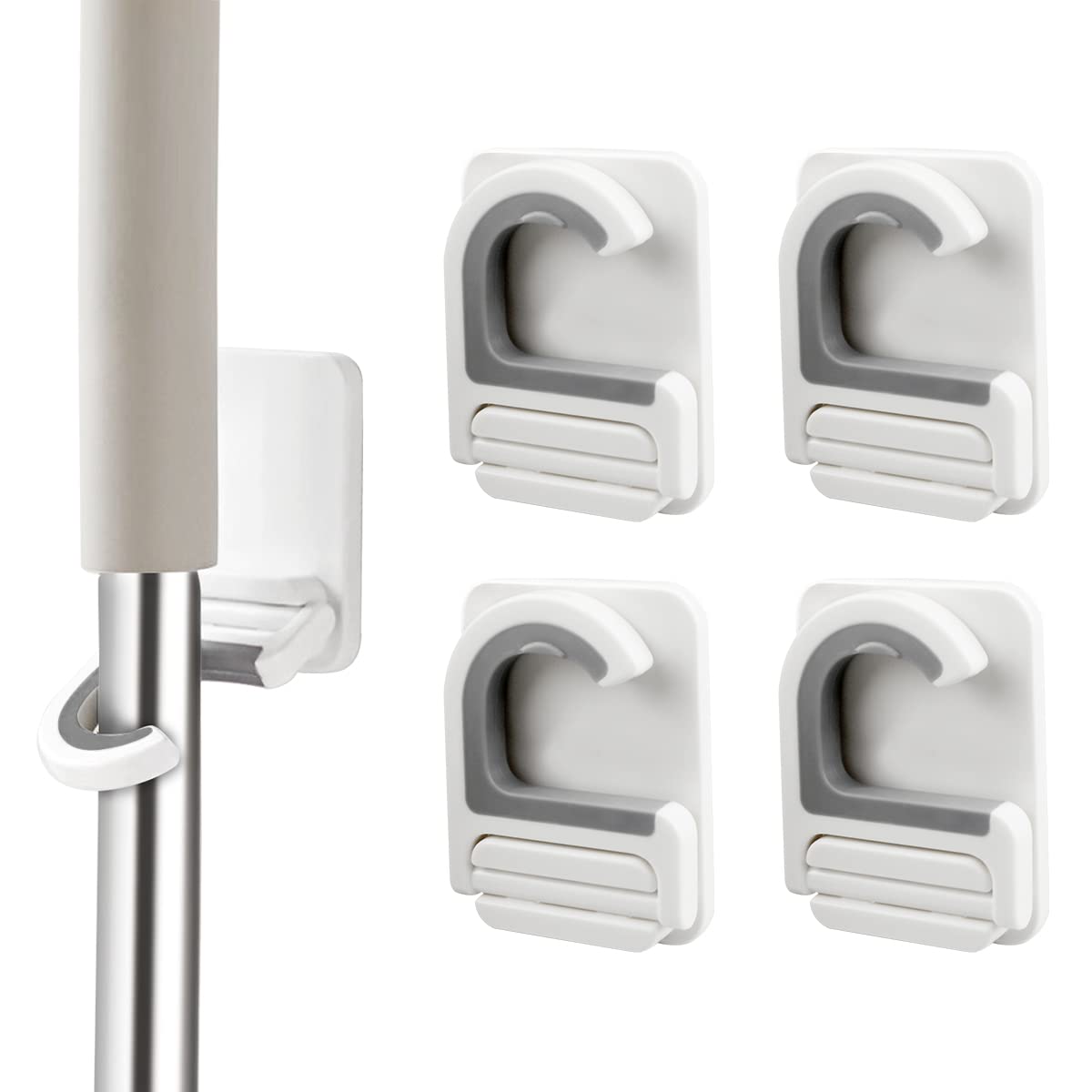 DOERDO 4PCS Multifunctional Mop Holder Punch-Free Mop Holder Practical Mop Clips Broom Hanger for Bathroom Garden Garage, White
